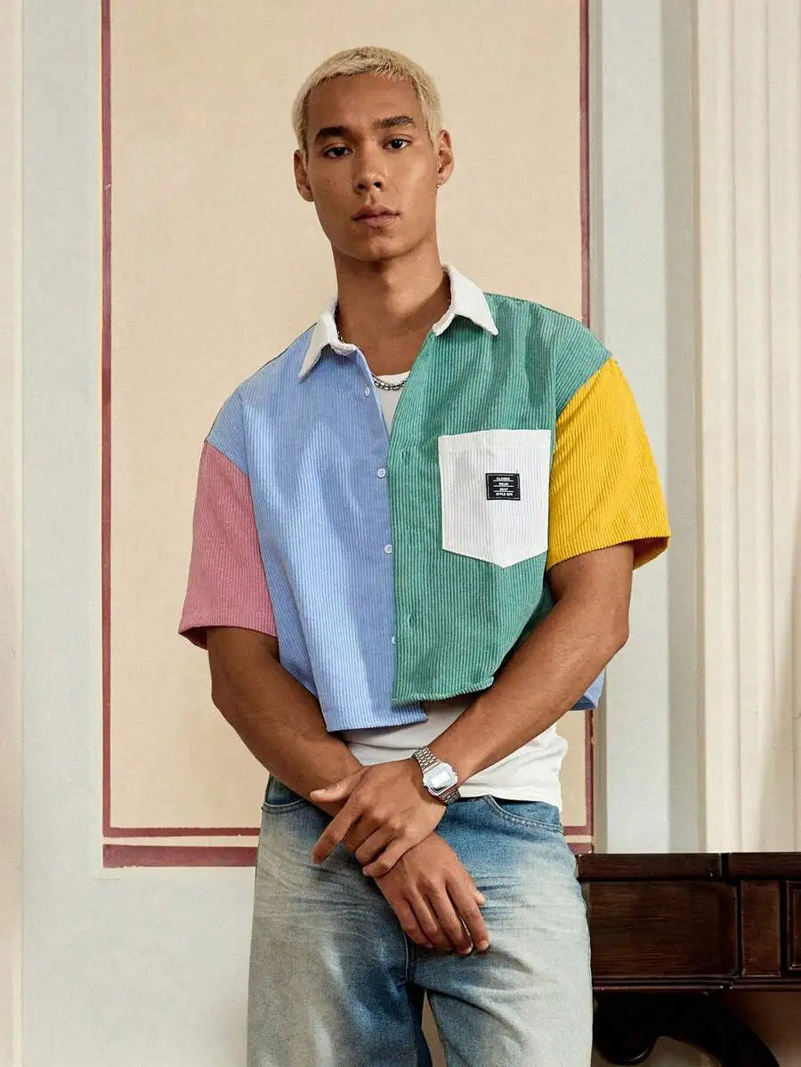 Men Patchwork Corduroy Short Sleeve Shirt Casual Daily Wear