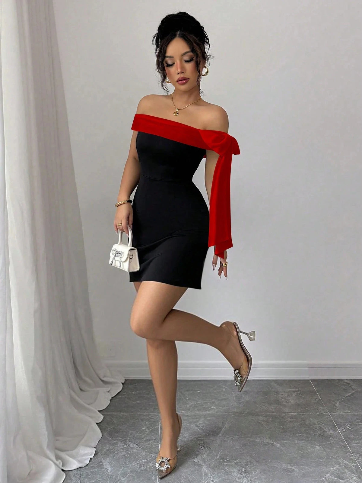 Women Elegant Off Shoulder Bodycon Polyester Dress With Lace Trim