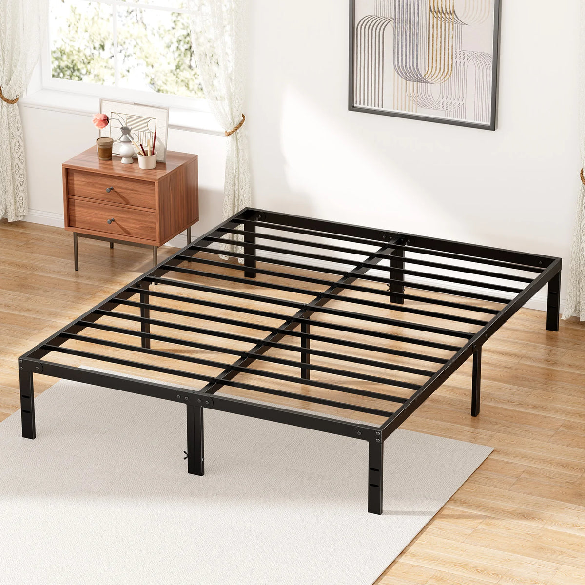 JHK Sturdy Metal Platform Bed Frame With Steel Slat Support