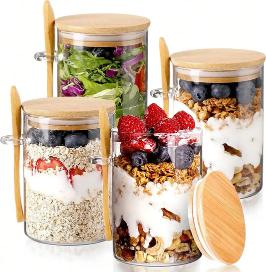 Overnight Oats Glass Jars With Airtight Bamboo Lids And Spoons