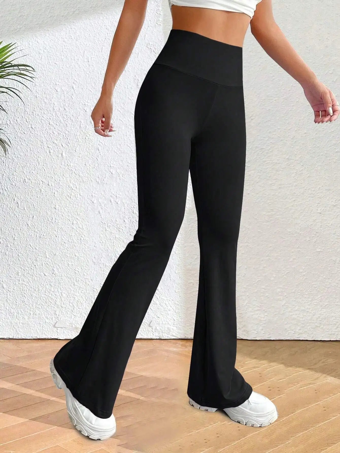 Solva Solid Flare Leg Pants For Women Elastic Waist Yoga