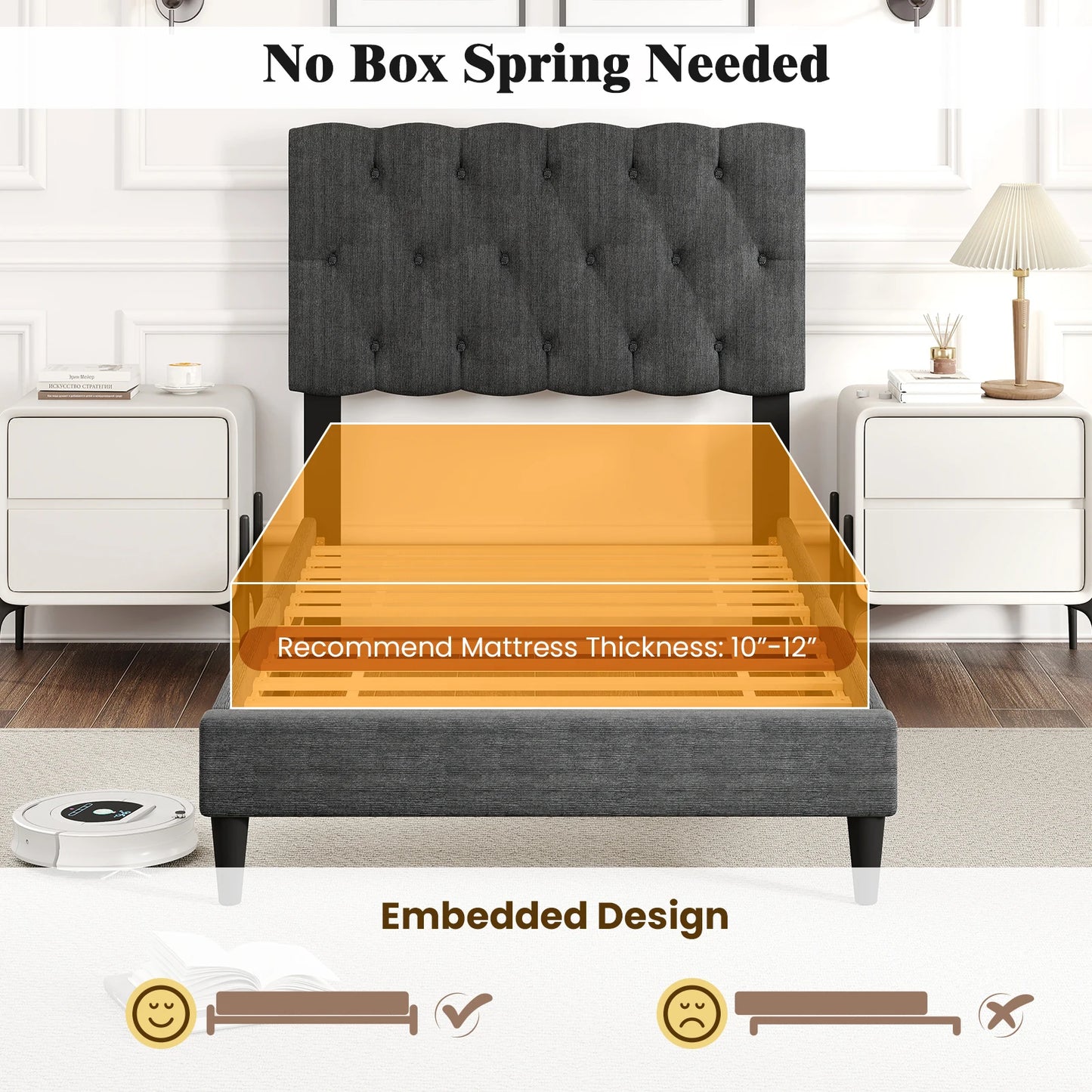 Homasis Button Tufted Headboard Bed Frame With Wooden Slats