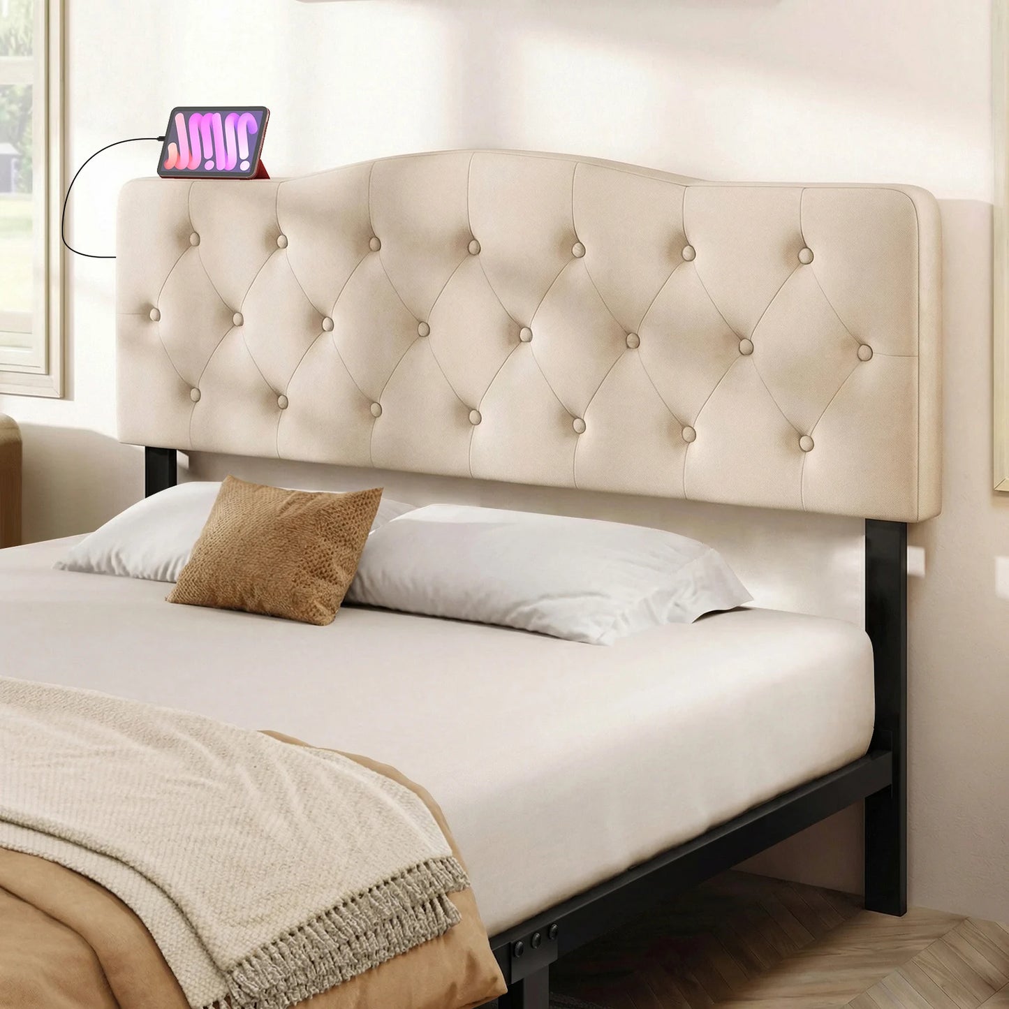 HOMASIS Upholstered Headboard For Queen And Full Beds With Outlets