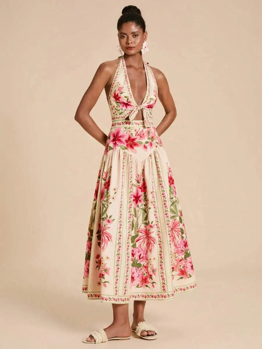 Elegant Floral Print Halter Backless Vacation Dress For Women