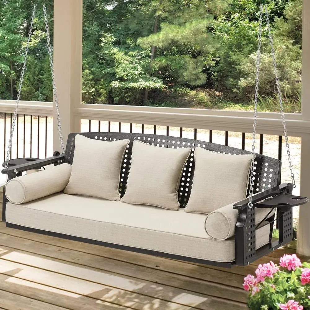 Three Seat Hanging Porch Swing With Cup Holders And Cushions