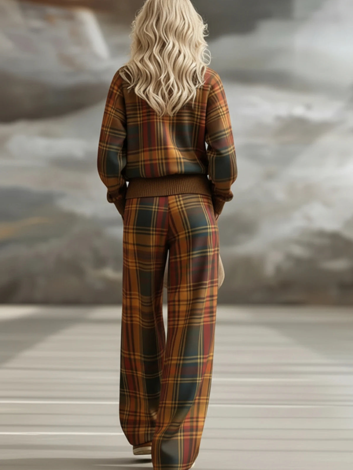 Women's Plaid Print Casual Two Piece Top And Pants Set