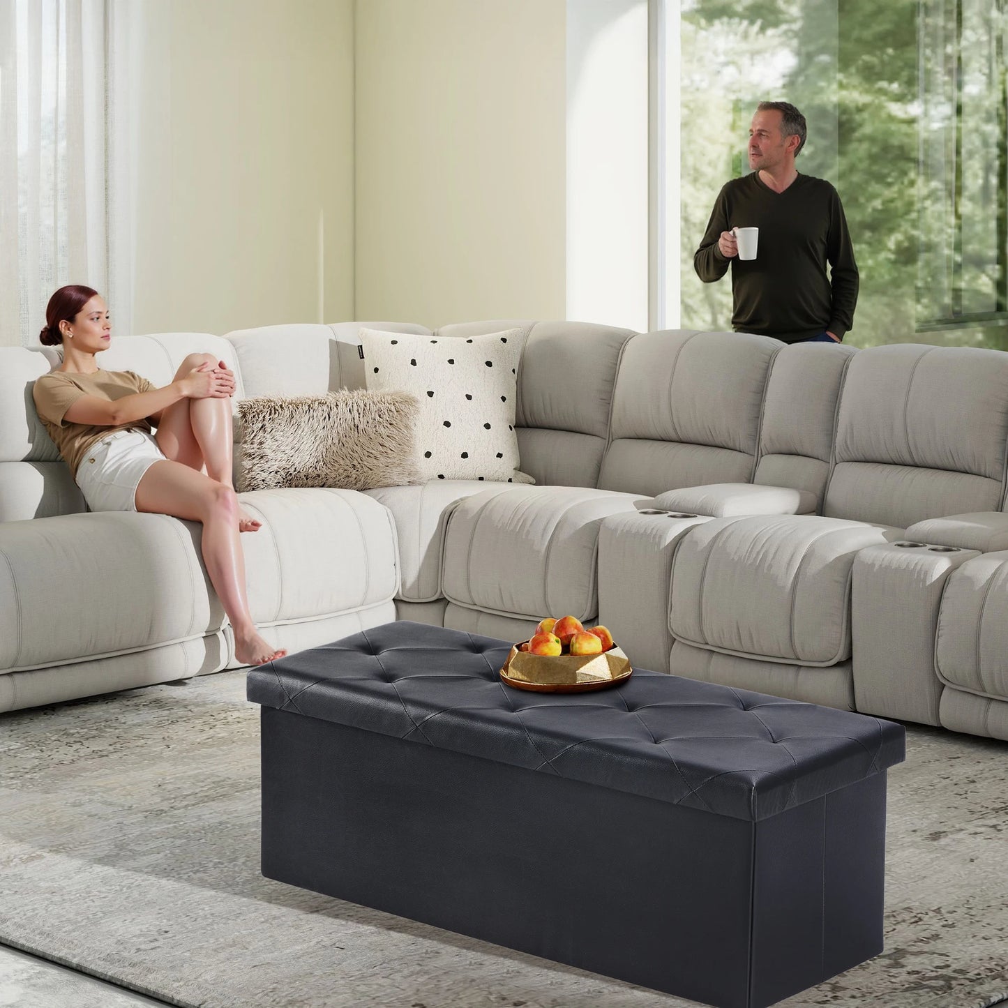 JHK Folding Synthetic Leather Storage Ottoman Footstool