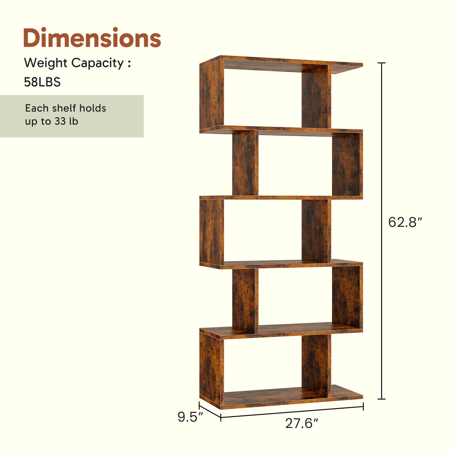 JHK Geometric 5-Tier S-Shaped Wood Bookcase For Living Room Display