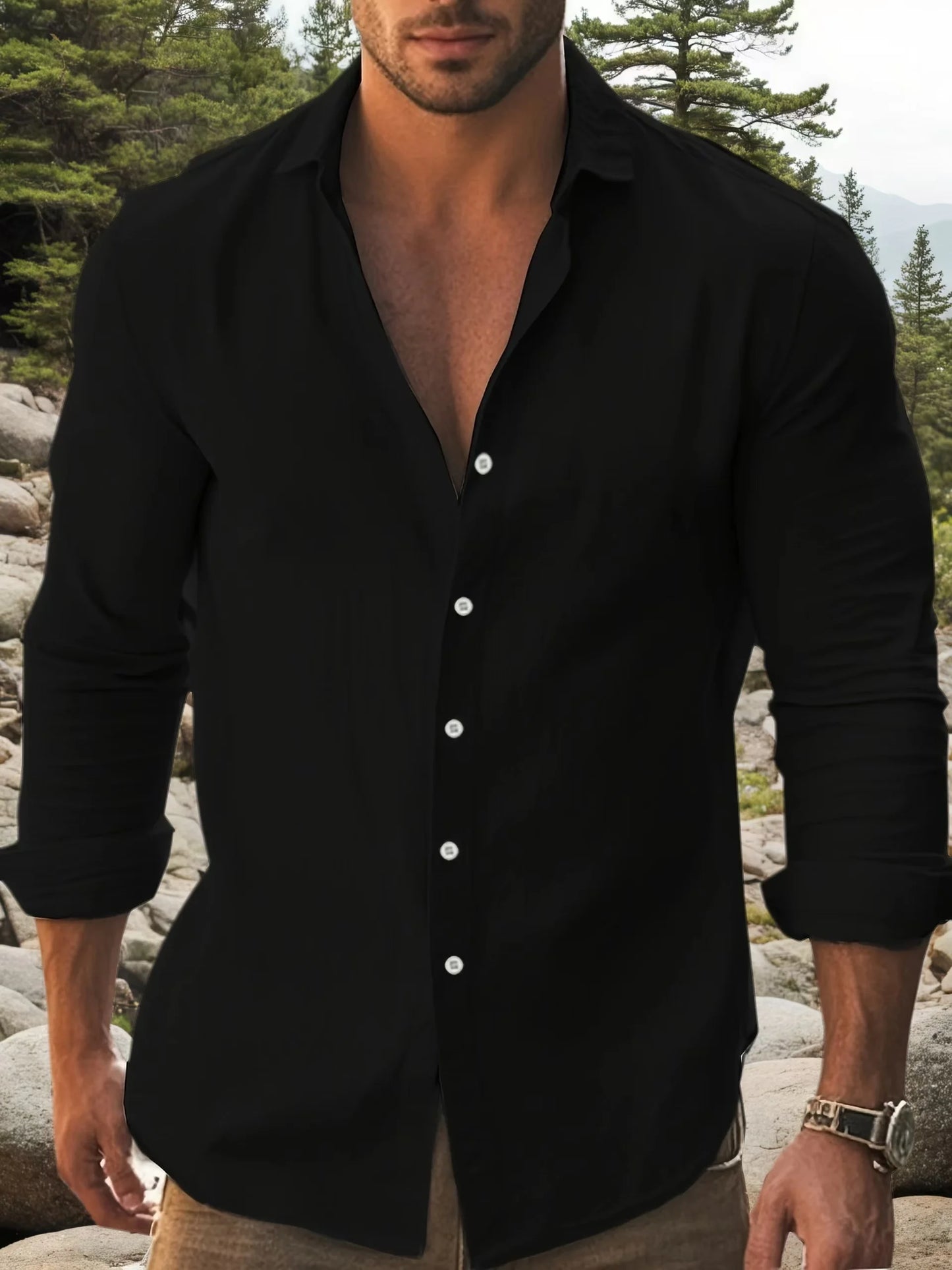 Men's Cotton Long Sleeve Shirt With Classic Collar Slim Fit