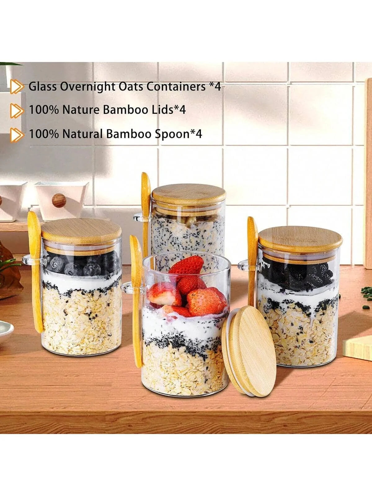 Overnight Oats Glass Jars With Airtight Bamboo Lids And Spoons