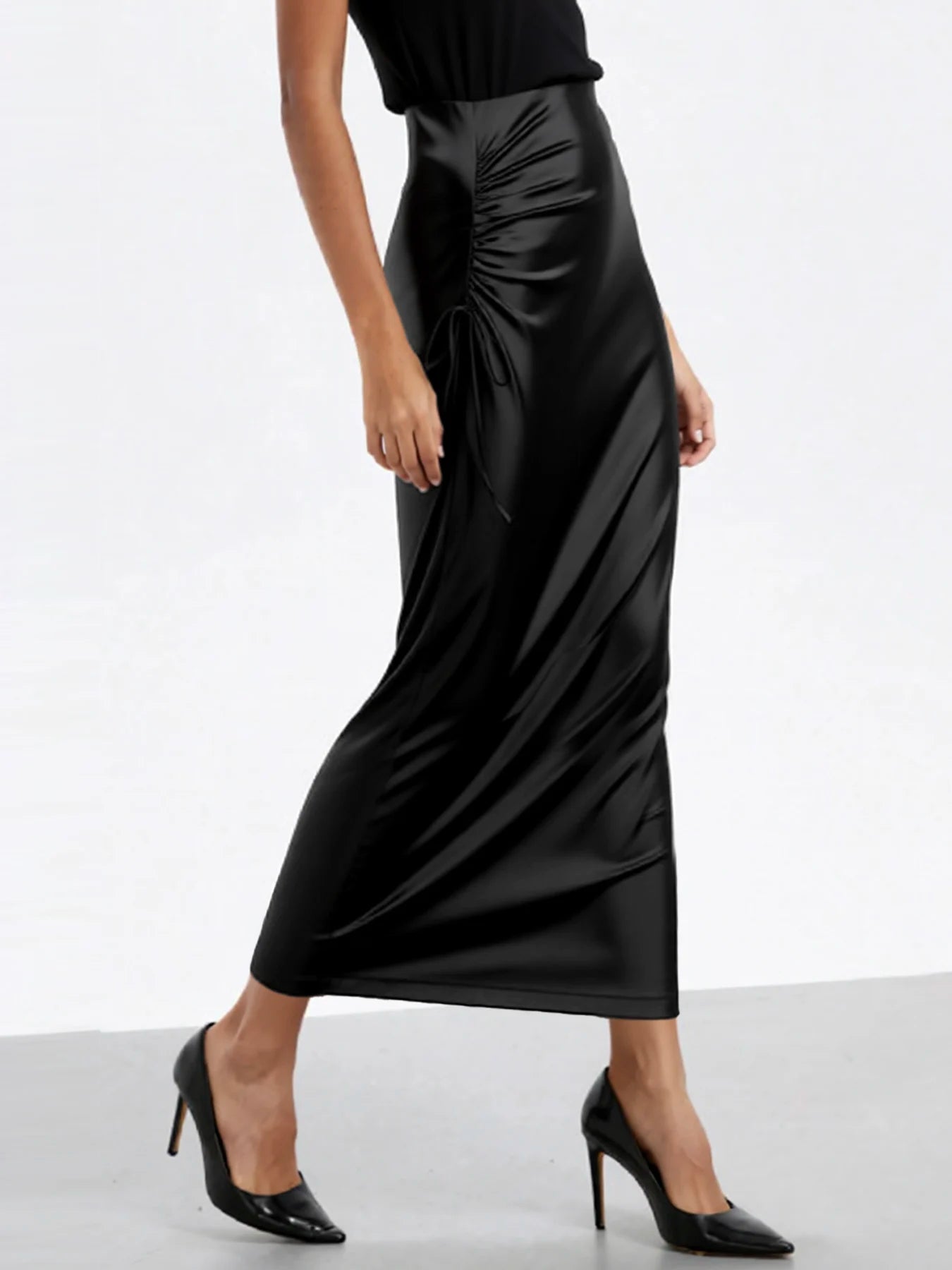 Women Satin Ruched Drawstring High Waist Midi Skirt