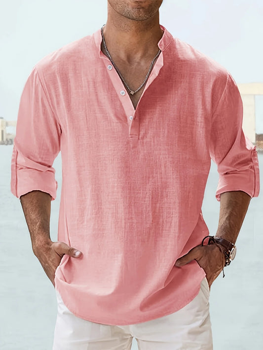 Mens Cotton Linen Stand Collar Long Sleeve Shirt Loose Fit