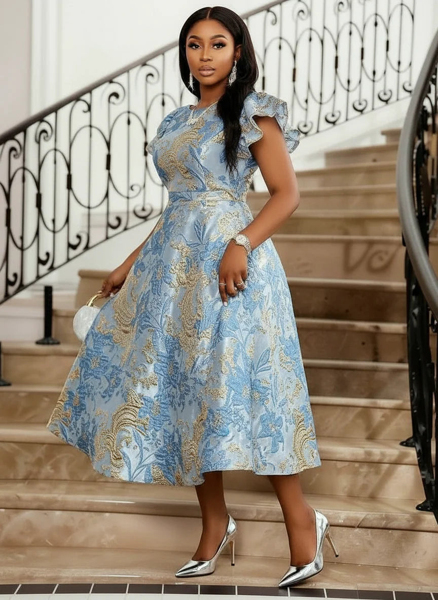 Printed Midi Flare Dress With Ruffle Sleeves For Wedding Guest