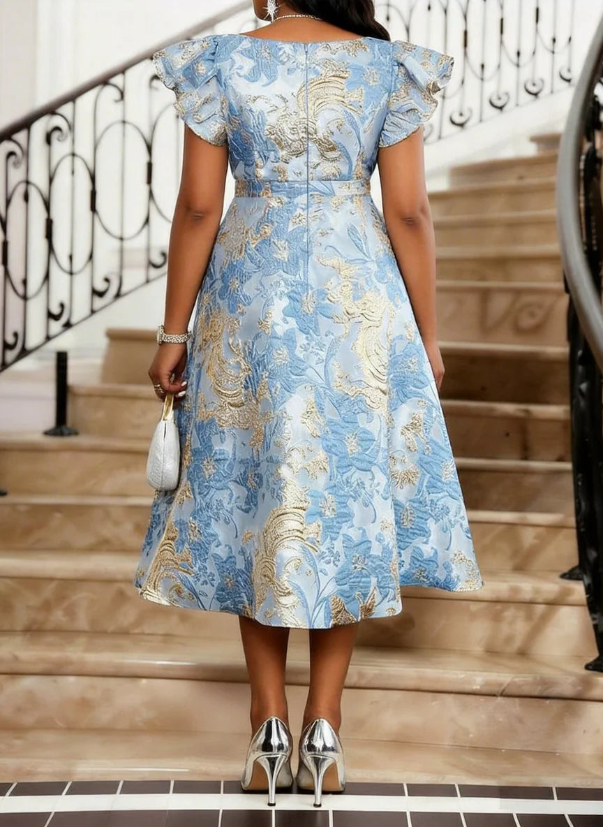 Printed Midi Flare Dress With Ruffle Sleeves For Wedding Guest