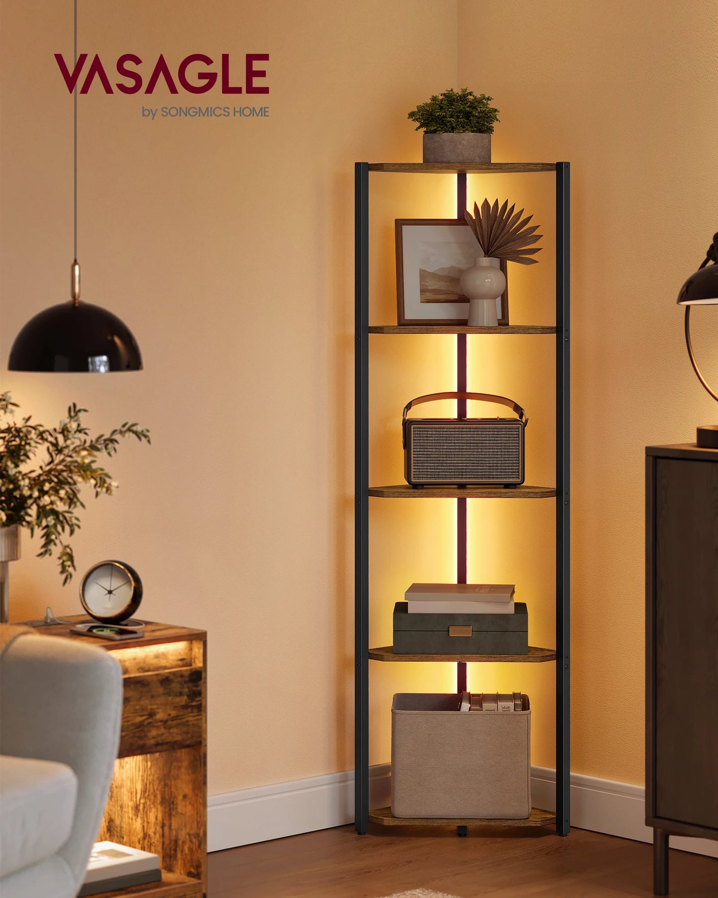 VASAGLE 5-Tier Corner Shelf With LED Lights And Steel Frame