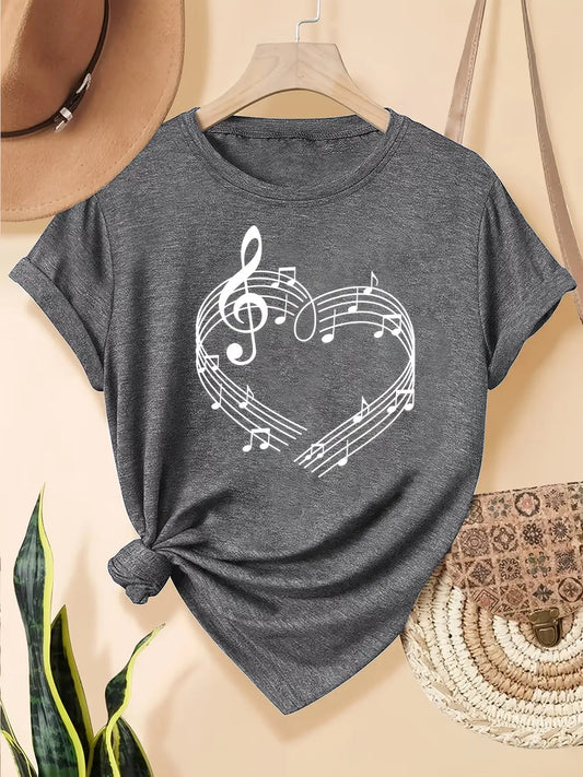 Women Short Sleeve Music Notes Heart Design T Shirt