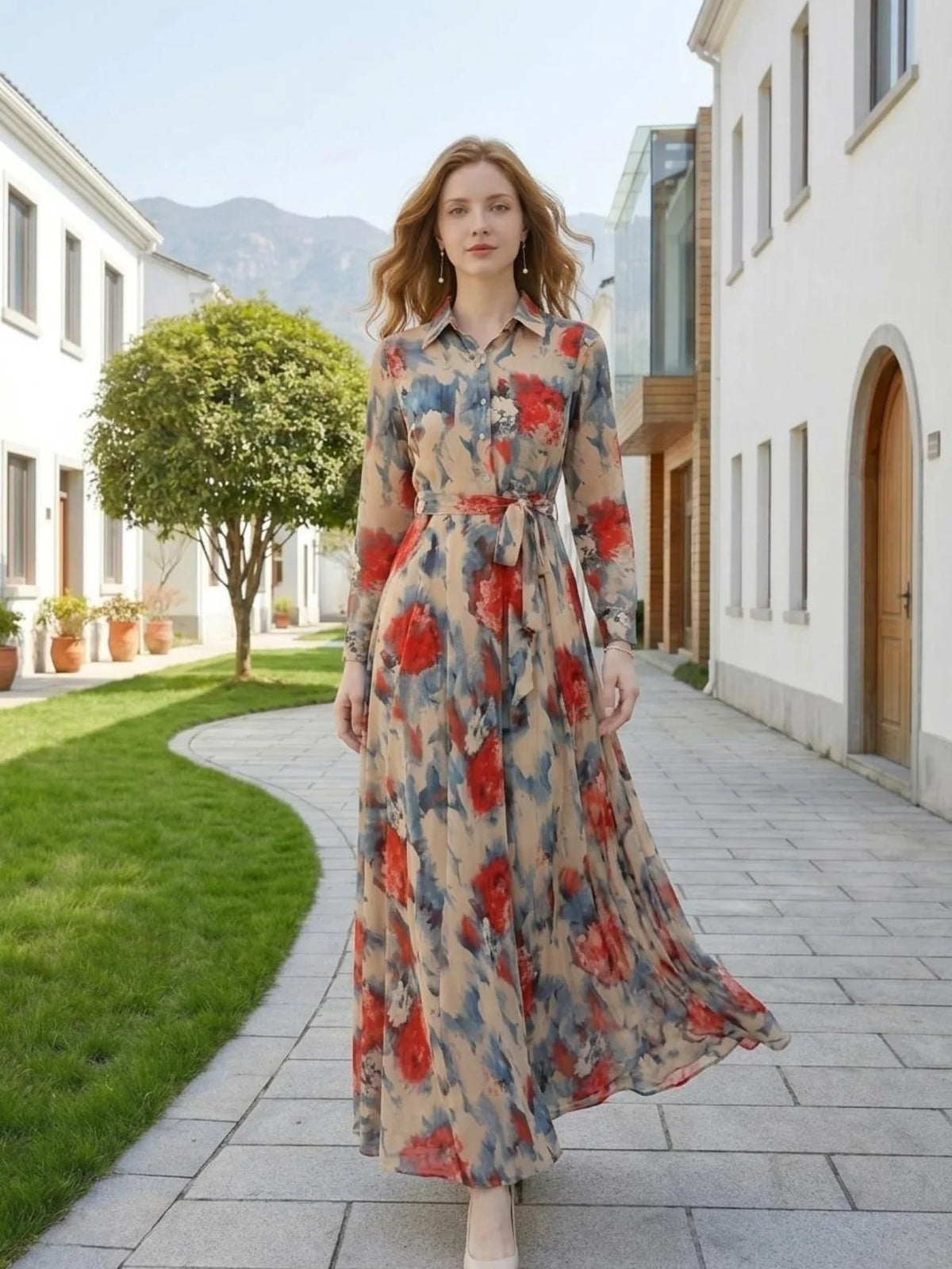Floral Button Front Turn Down Collar Long Sleeve Maxi Dress