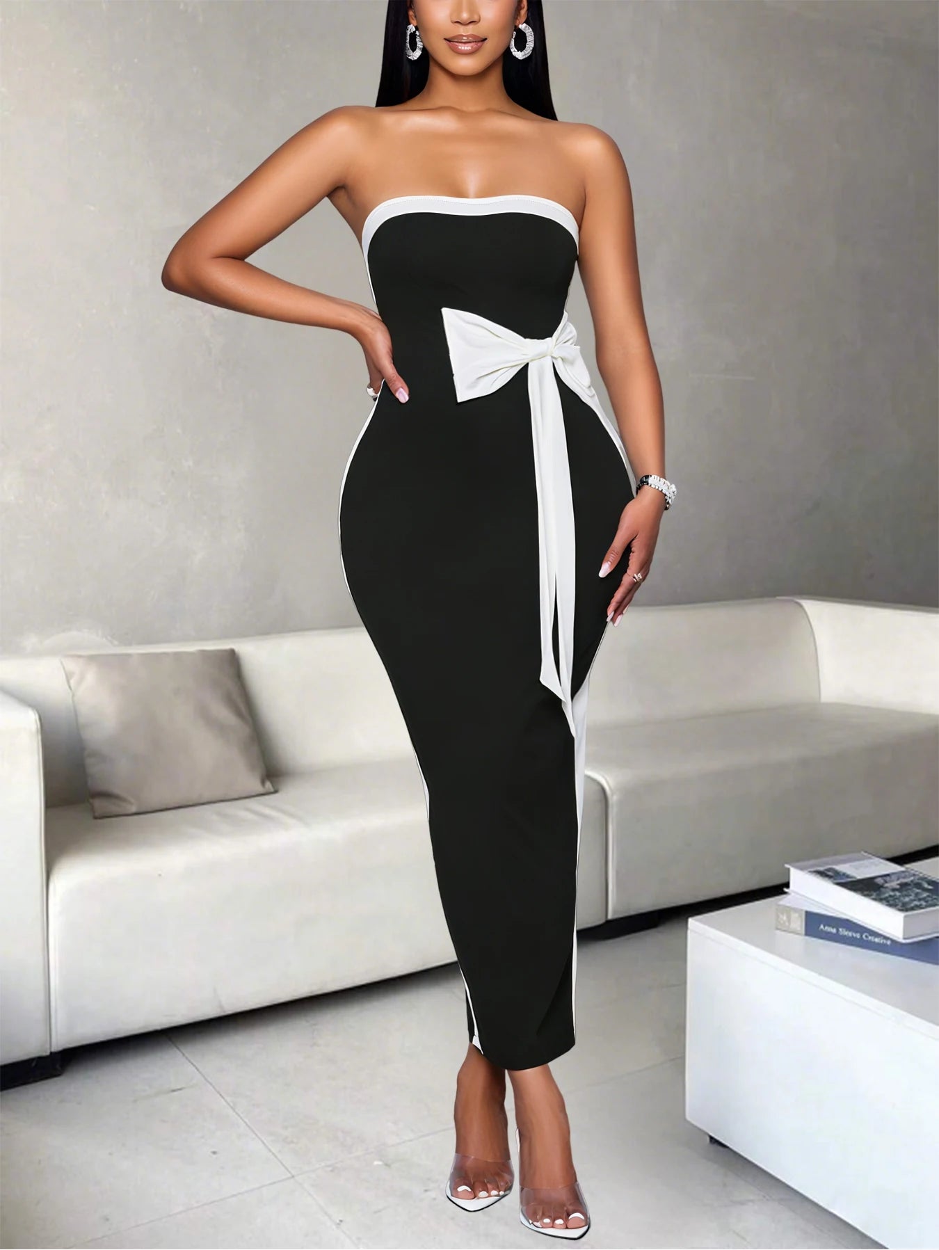 Women One Shoulder Color Block Knot Design Ankle Length Polyester Dress