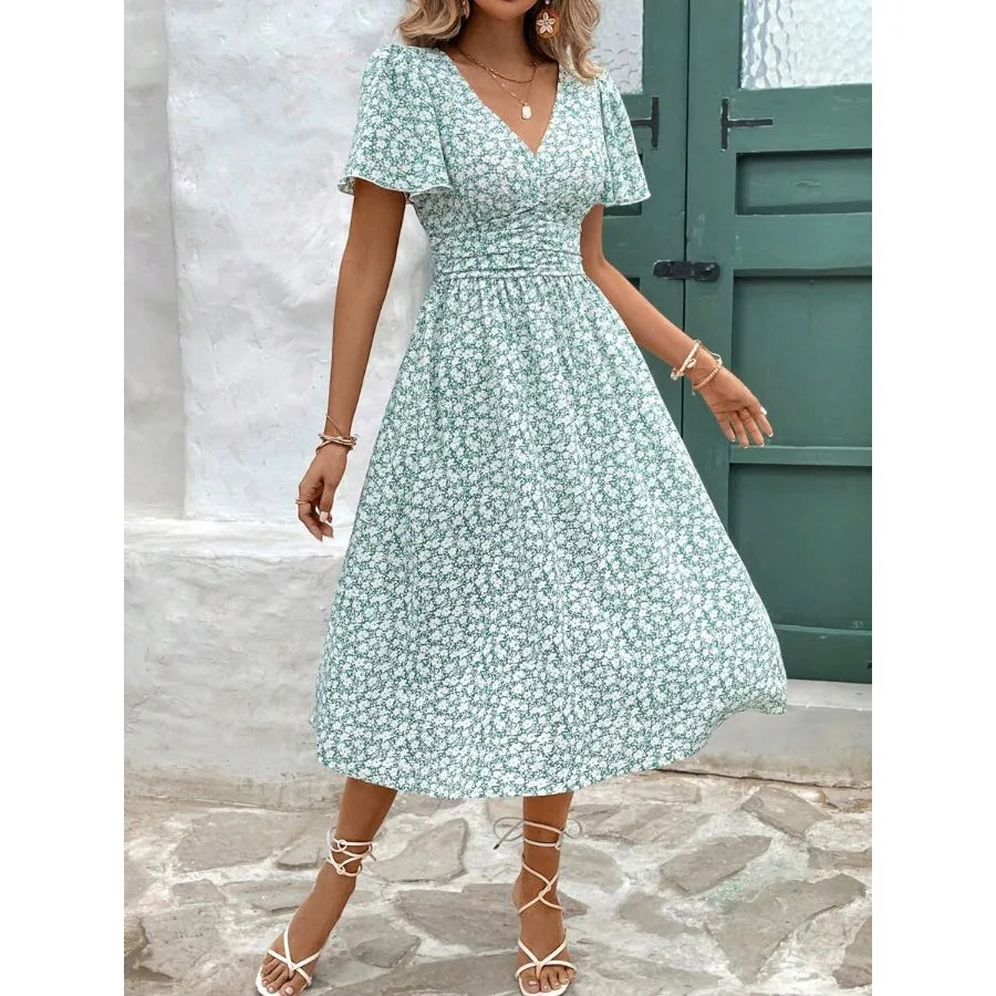 Womens Floral Print V Neck Ruffle Dress Short Sleeve