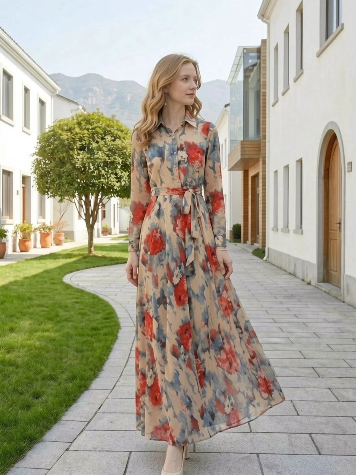 Floral Button Front Turn Down Collar Long Sleeve Maxi Dress