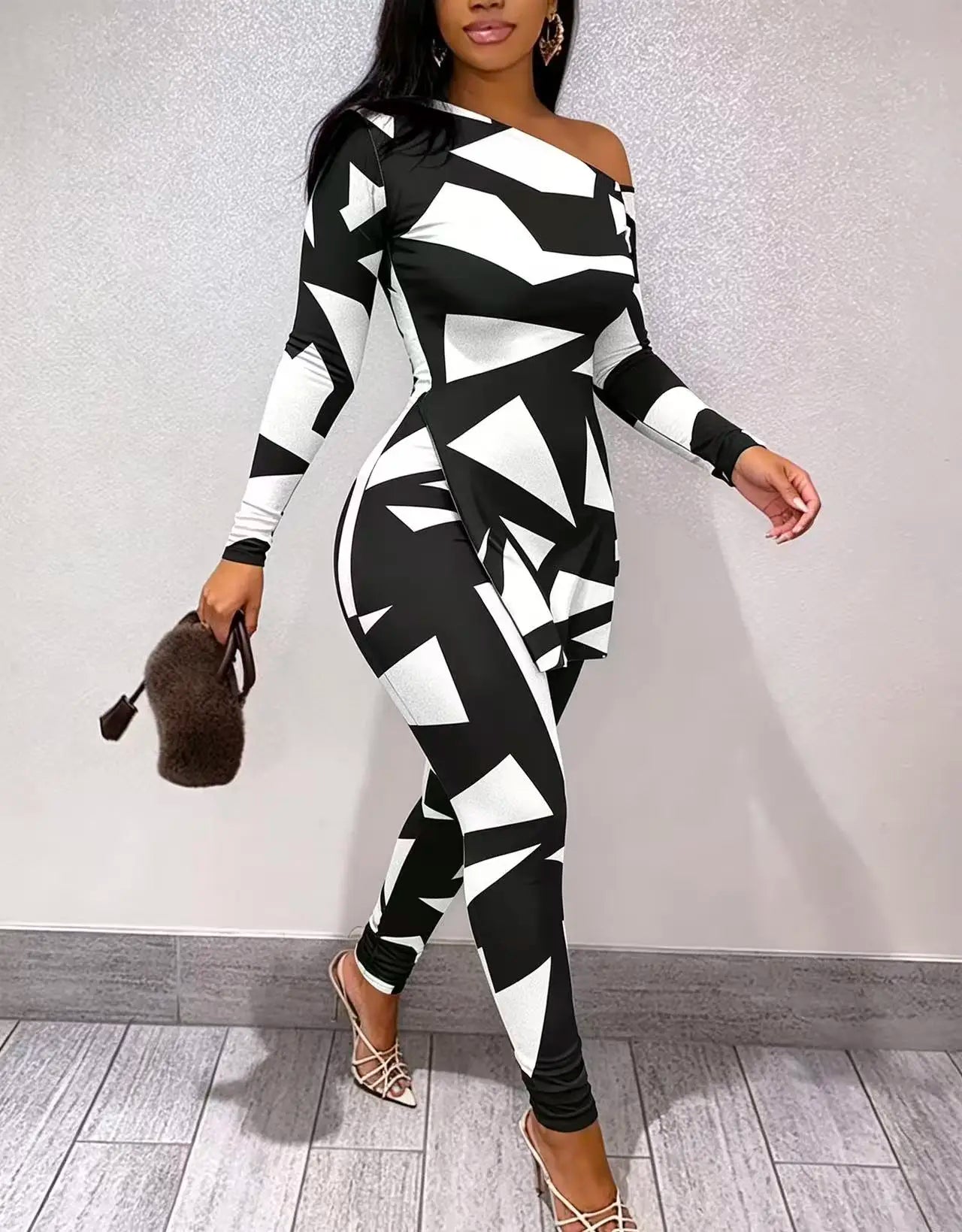 Women's One-Shoulder Two-Piece Set With Geometric Print Long Top Pants