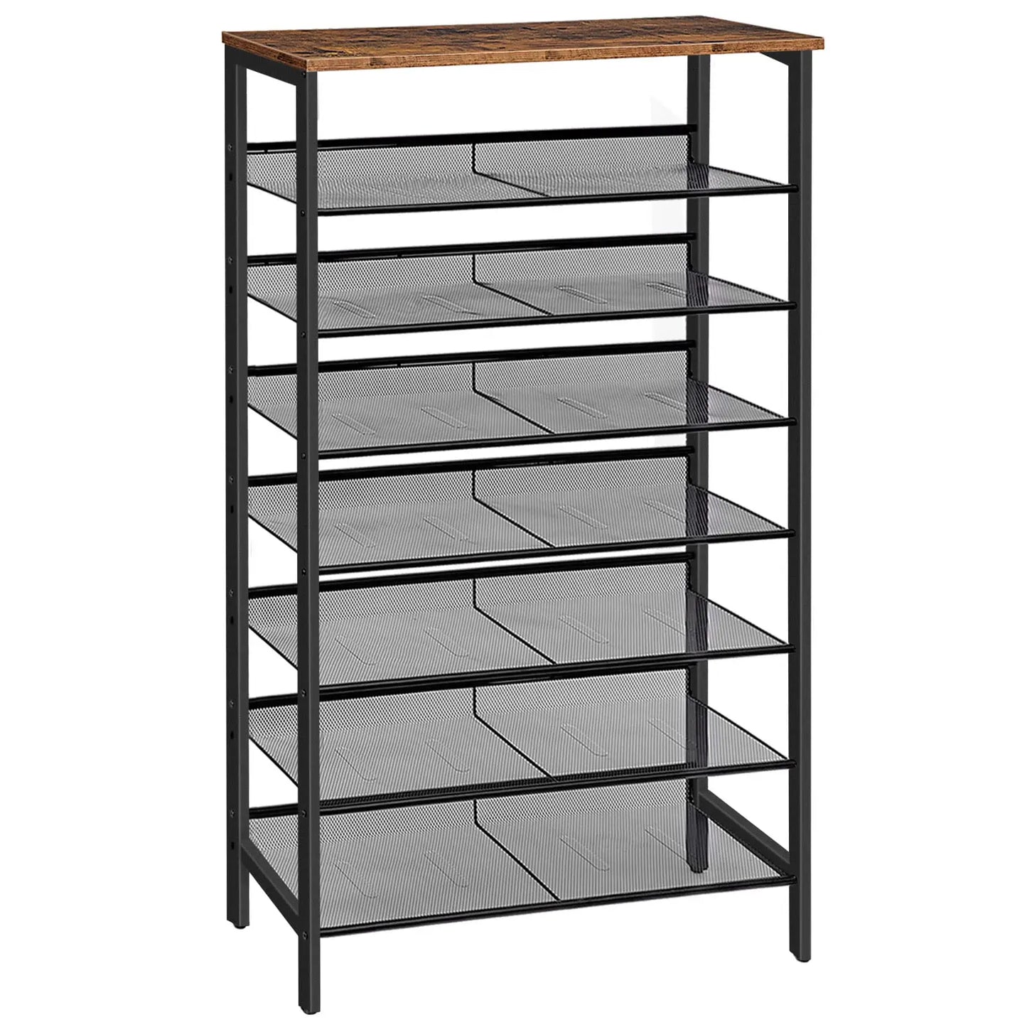 Metal 8 Tier Shoe Organizer With Rustic Wood Top SpaceEfficient