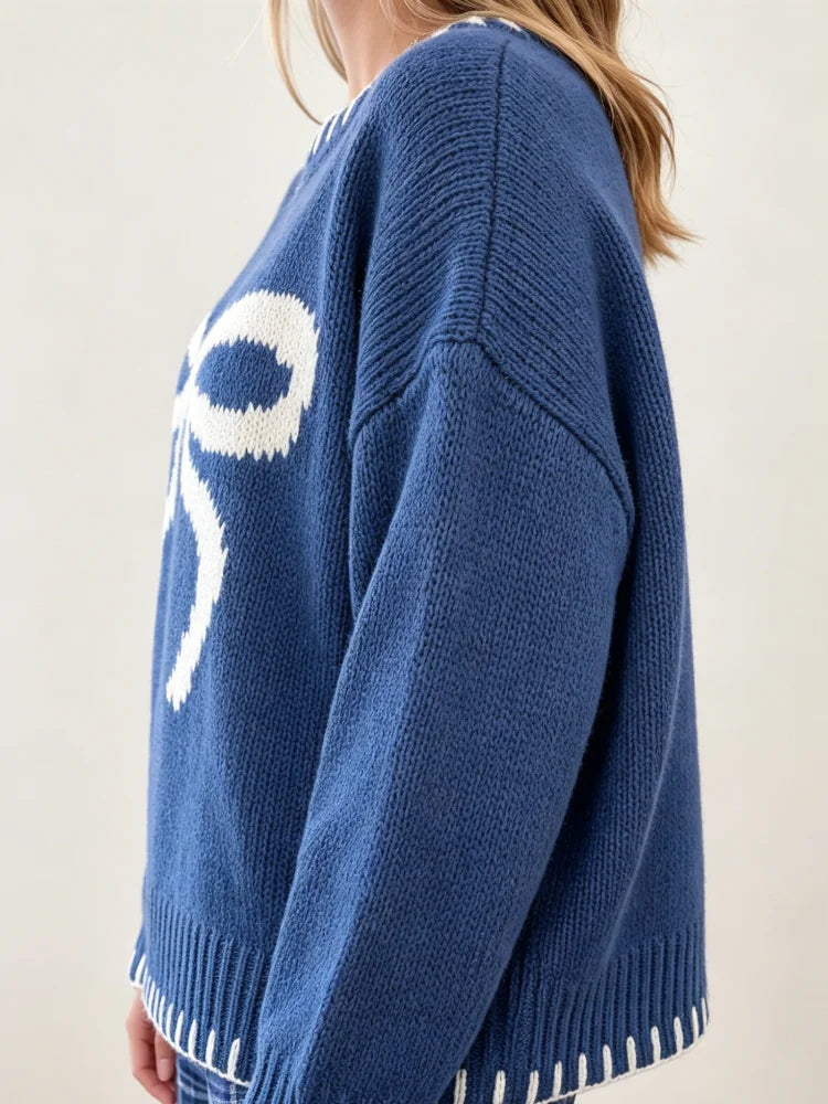 Women's Bow Tie Knit Sweater With Contrasting Stitching