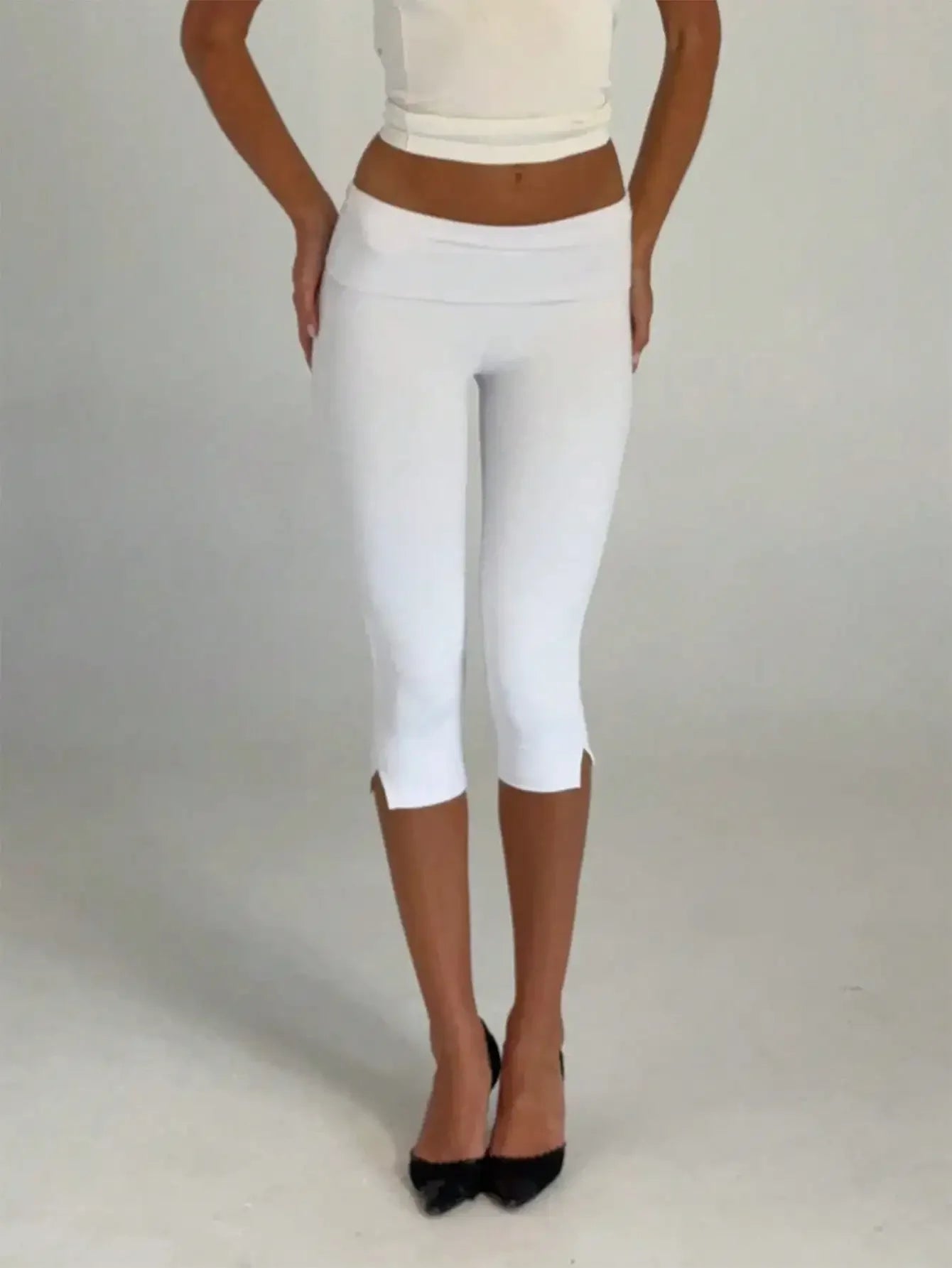 Women's Retro Low Waist Capri Leggings With Fold Over Waistband