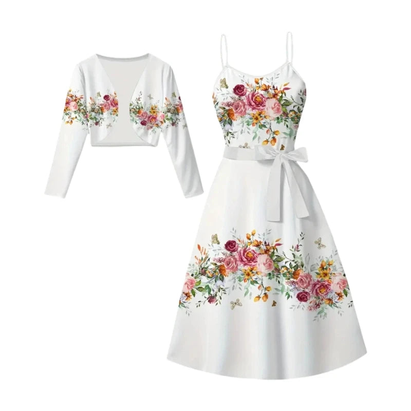Womens Two Piece Cropped Cardigan And Floral Midi Dress Set