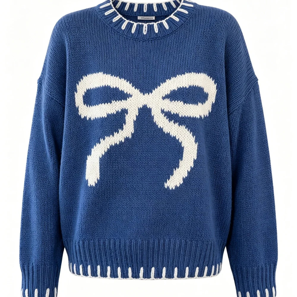 Women's Bow Tie Knit Sweater With Contrasting Stitching