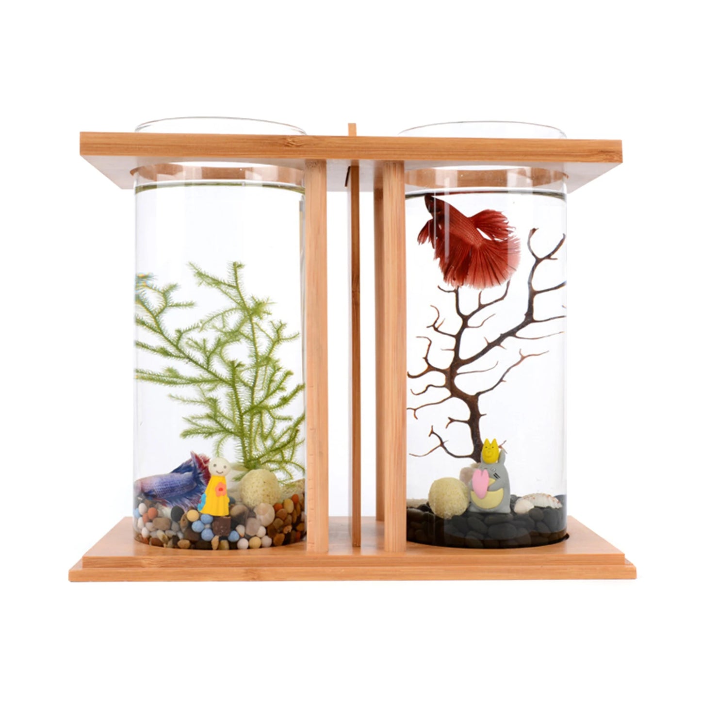 Dual Tank Bamboo Frame Desktop Aquarium With LED Lights