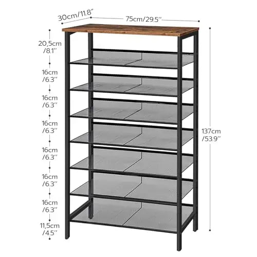 Metal 8 Tier Shoe Organizer With Rustic Wood Top SpaceEfficient