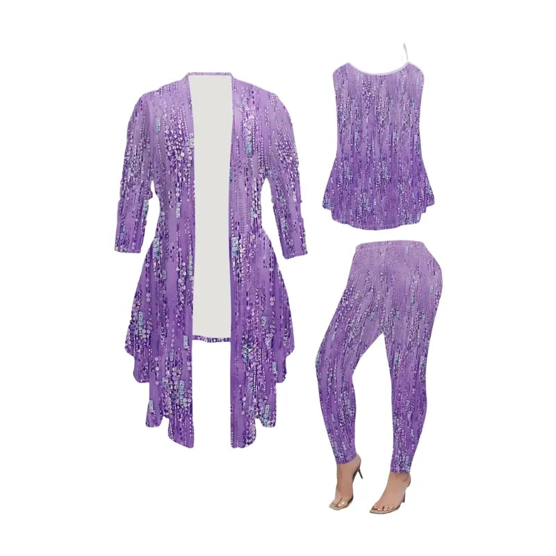 Women Printed Three Quarter Sleeve Cardigan Camisole Leggings Set