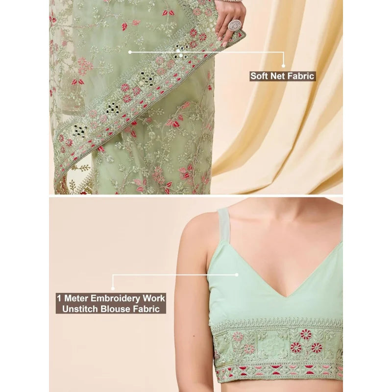 Women's Net Cotton Saree With Sequence Embroidery Work