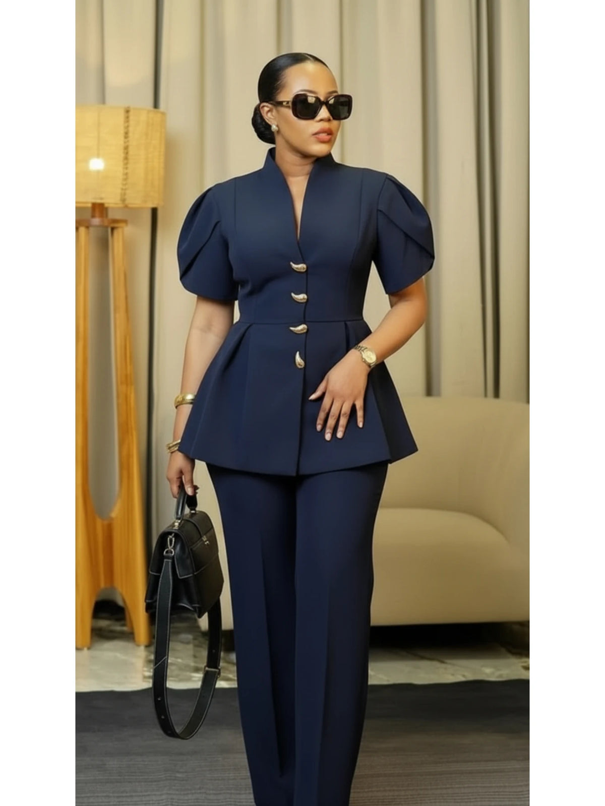 Women's Stand Collar Puff Sleeve Peplum Top And Pants Suit