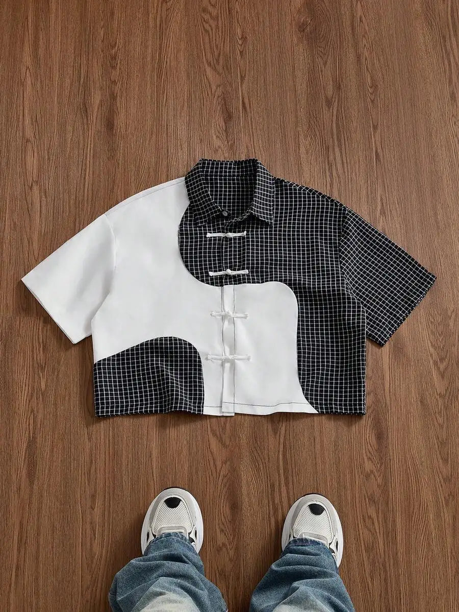 Men Patchwork Corduroy Short Sleeve Shirt Casual Daily Wear