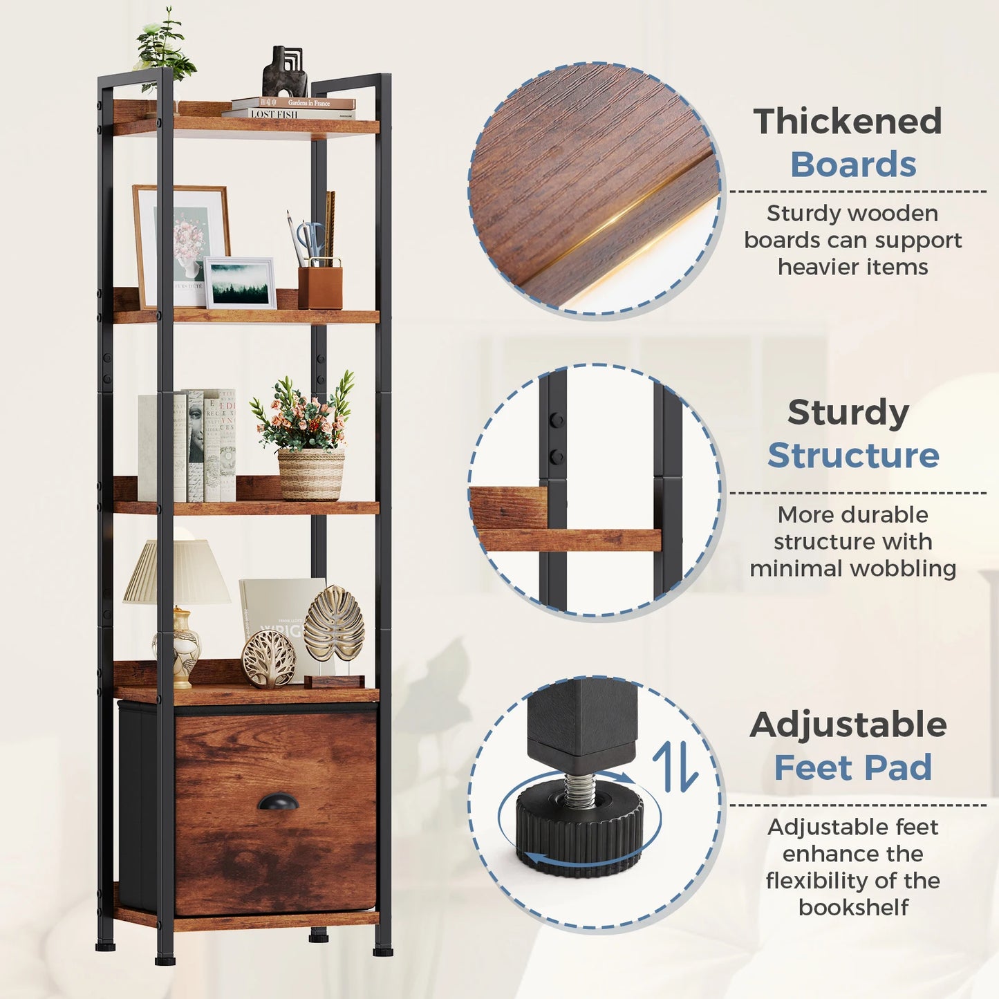JHK Wood 5 Tier Bookshelf With Fabric Drawer Organizer
