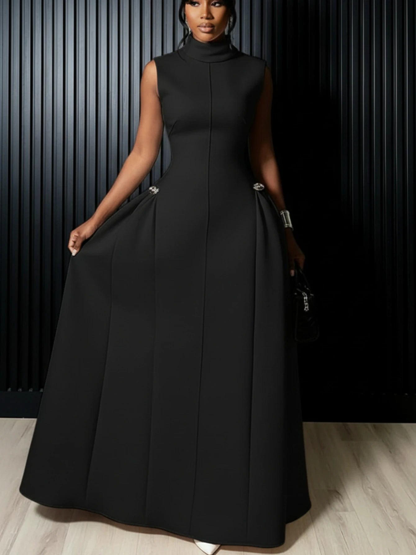 Women High Neck Sleeveless Fitted Polyester Floor Length Maxi Dress