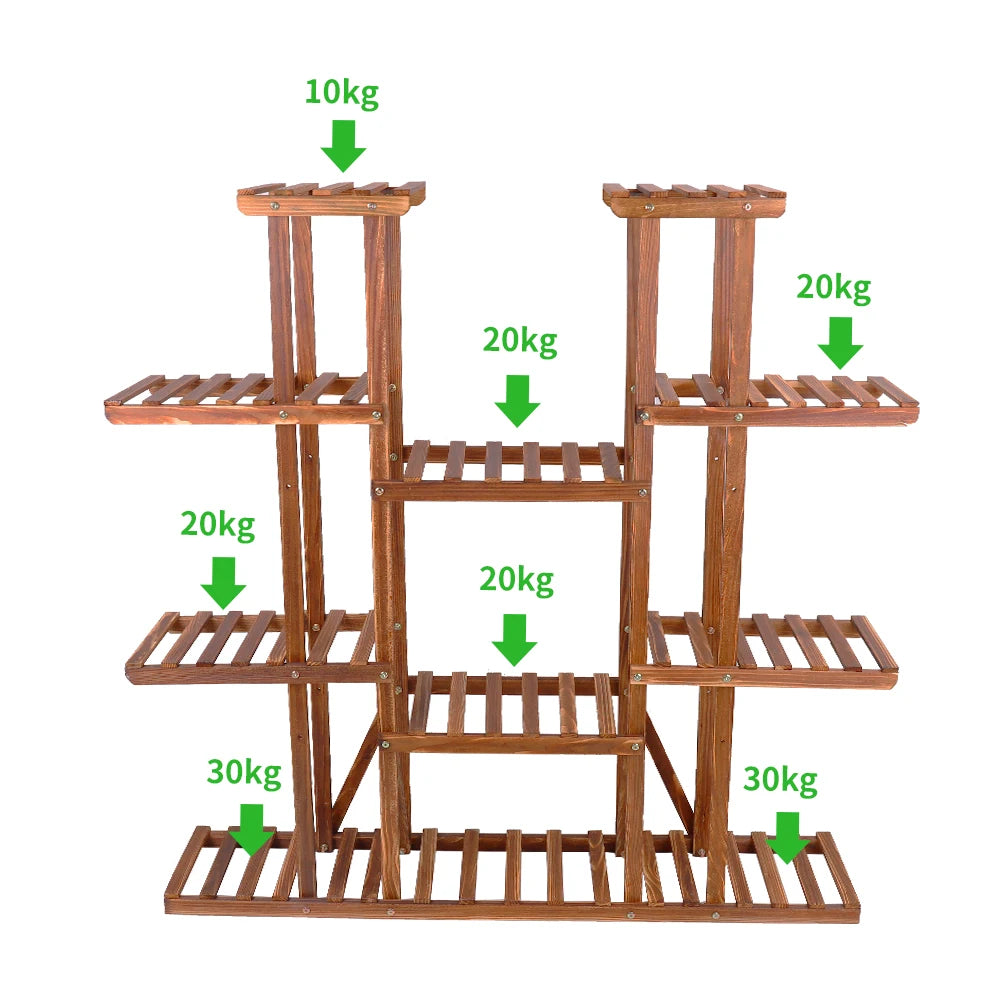 11 Tier Carbonized Wooden Plant Stand Flower Pot Display Rack
