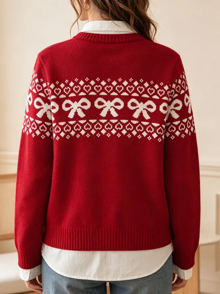 Women Bohemian Knitted Pullover Sweater With Bow Floral Print