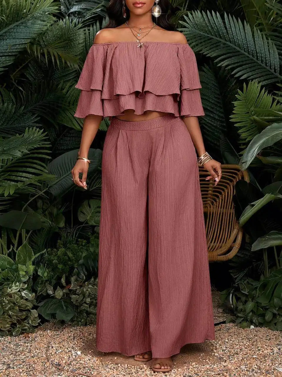Women Off Shoulder Ruffle Crop Top Wide Leg Pants Set