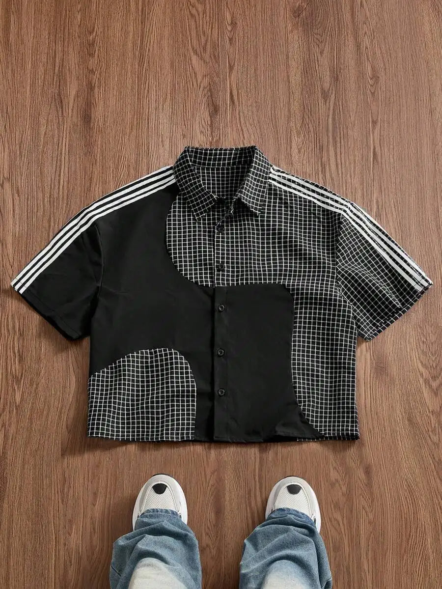 Men Patchwork Corduroy Short Sleeve Shirt Casual Daily Wear