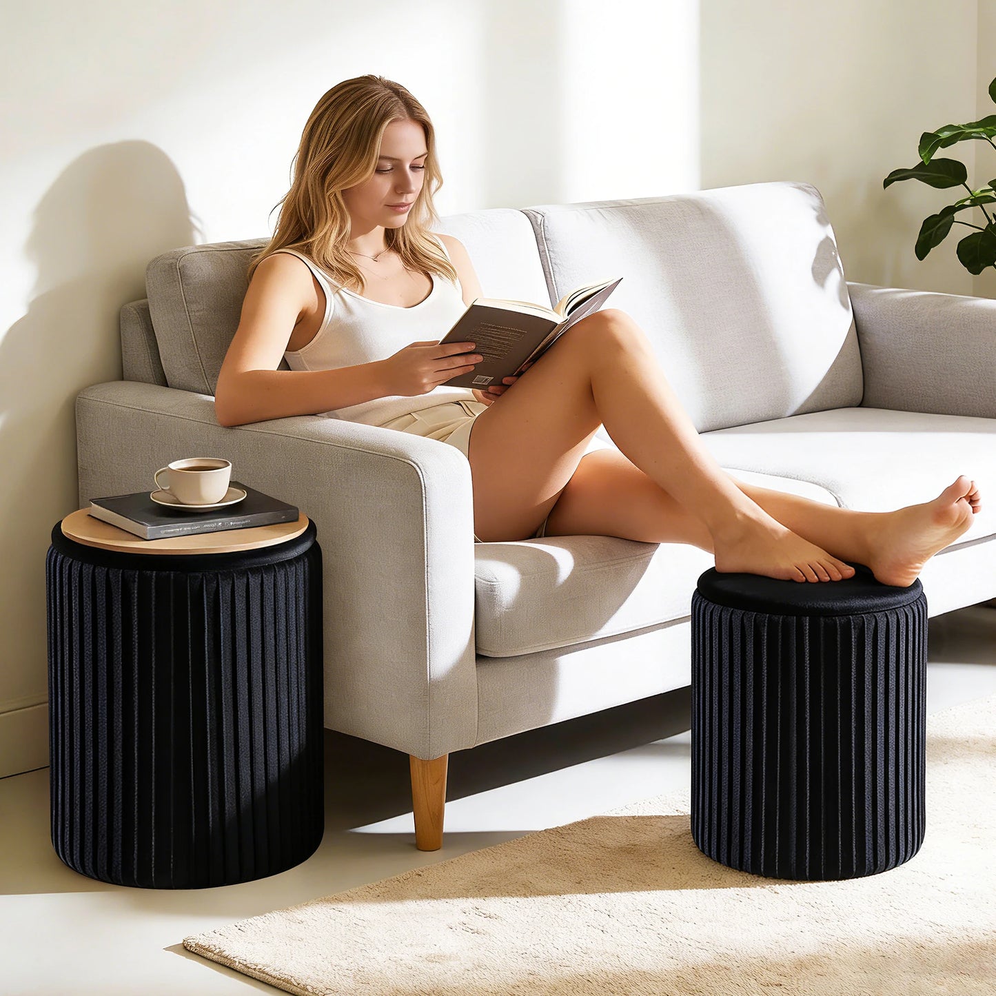 JHK Round Storage Ottoman With Hidden Toy Box And Bench