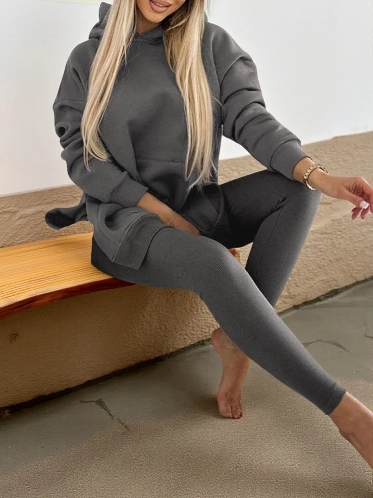 Womens Hooded Top and Leggings Matching Casual Activewear Set