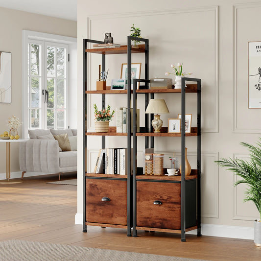 JHK Wood 5 Tier Bookshelf With Fabric Drawer Organizer