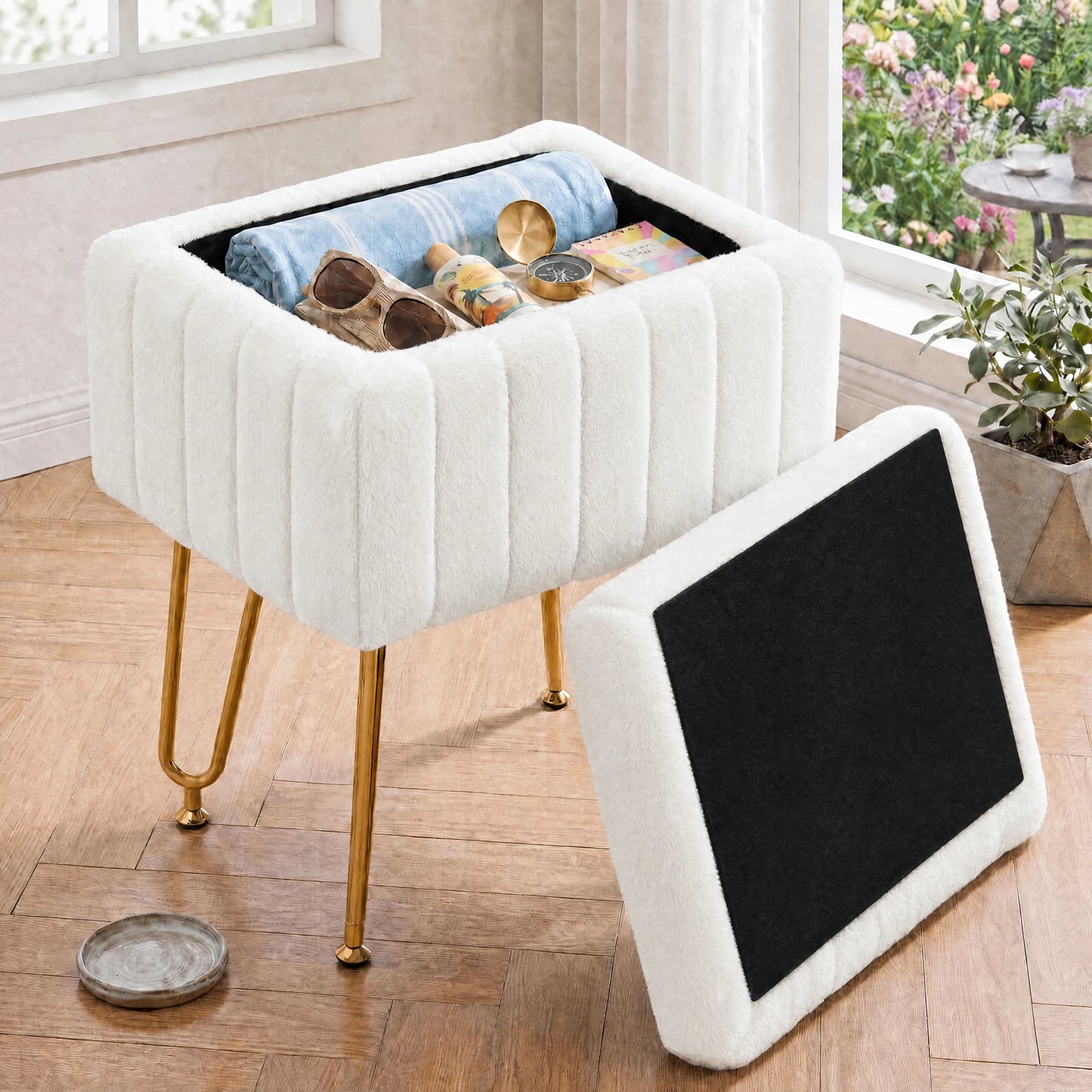 MCQ Faux Fur Storage Ottoman With Metal Legs and Seat