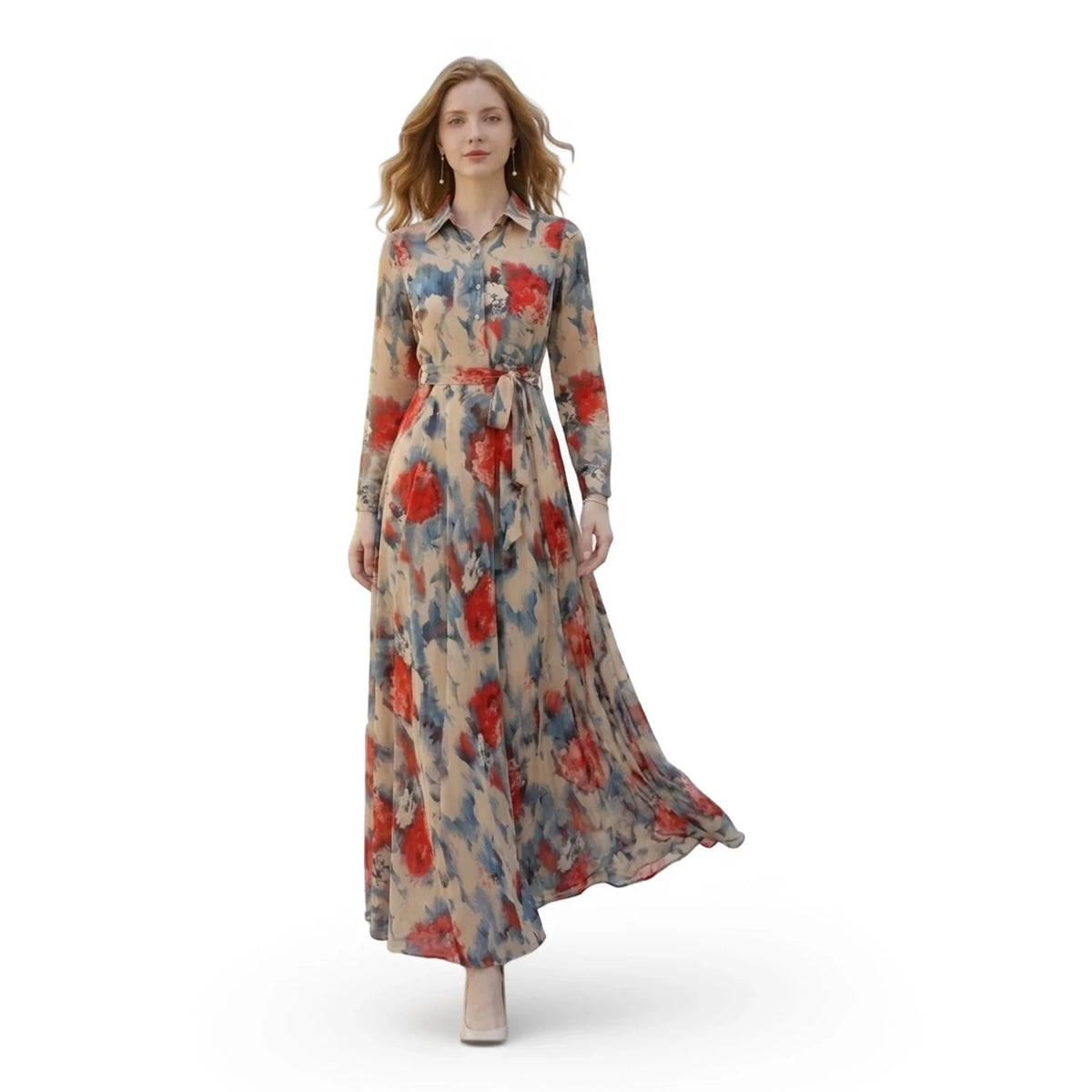 Floral Button Front Turn Down Collar Long Sleeve Maxi Dress