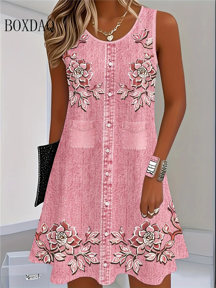 BOXDAQ Women Summer Sleeveless Bohemian Dress With Floral Print