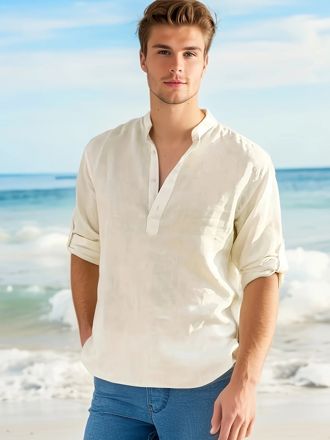 Mens Cotton Linen Stand Collar Long Sleeve Shirt Loose Fit