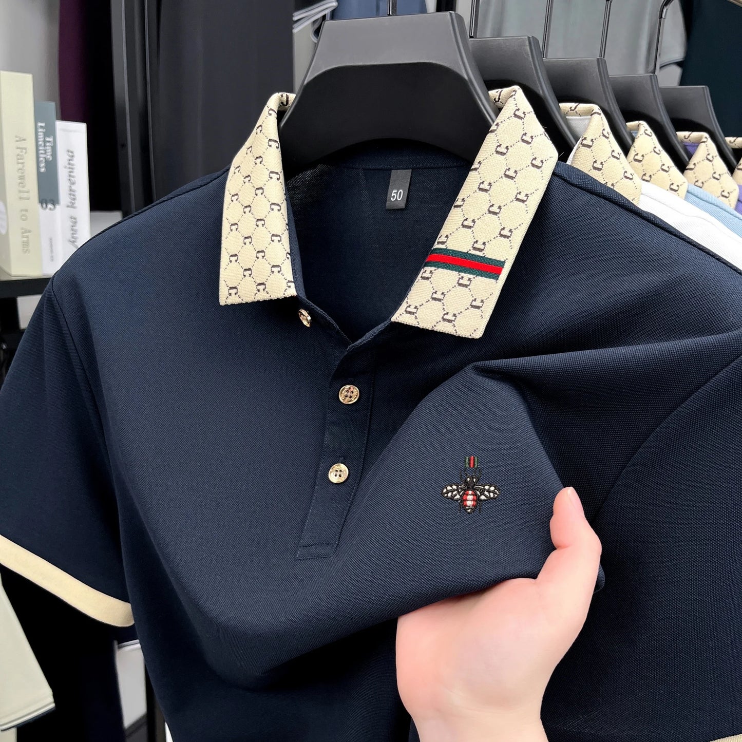 Men's High-End Lapel Polo Shirt With Letter Jacquard Bee Embroidery